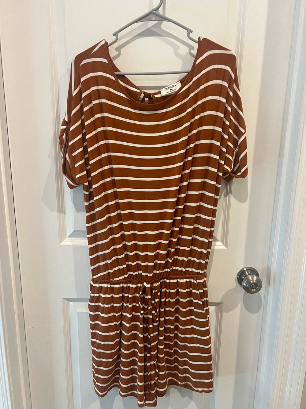 Zenana Brown and White Striped Short Sleeve Romper Size XL